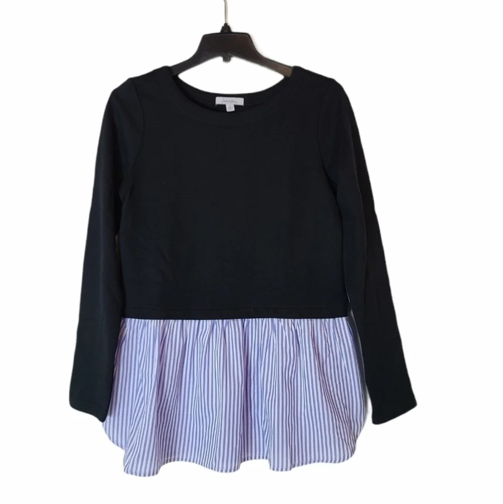 Nicole Miller Navy Blue Ruffle Stripe Cotton Crewneck Sweatshirt XSmall NWT - Picture 6 of 10